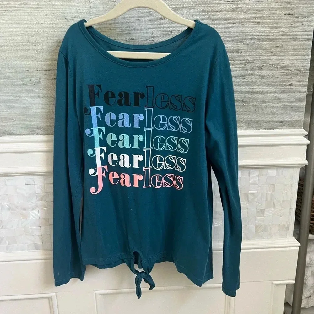 Justice girls 10 long sleeve tie front tee top blue fearless Taylor swift